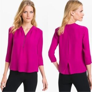 Theory Sala Silk Georgette Blouse Zipper Detail at Front Pink Tourmaline Size M